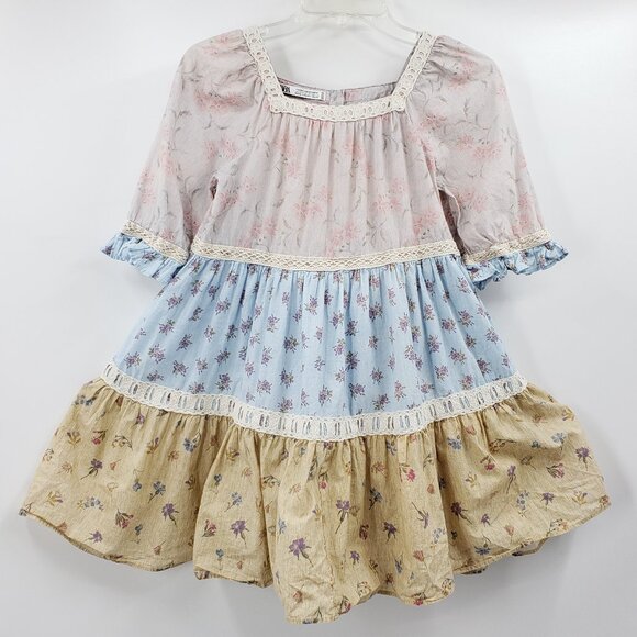 Zara Other - Zara Girl's Tea Dress Size 11 - 12 Years Pink Blue Tan Floral Tiered Lace Trim